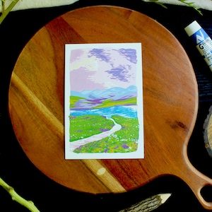 Paysage de prairie de montagne, mini impression d'art, peinture à la gouache, oeuvre d'art pastel 4 x 6, cadeau déco maison Cottagecore