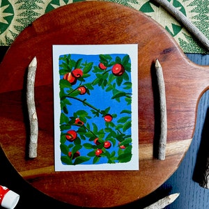 Bajo el manzano, mini impresión artística, pintura de frutas, obra de arte botánica de 4 x 6, regalo de decoración del hogar para amigas, novias o el Día de la Madre