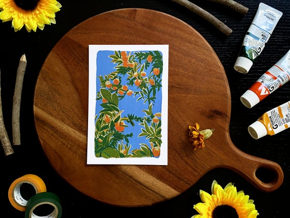 Orange Tree Mini Art Print, Botanical Fruit Painting (4x6)