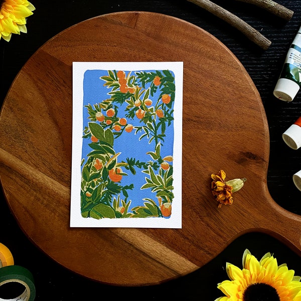 Under the Orange Tree, Mini Art Print, Fruit Painting, 4x6 Botanical Artwork, Home Decor Gift For Friend, Girlfriend, or Mother’s Day