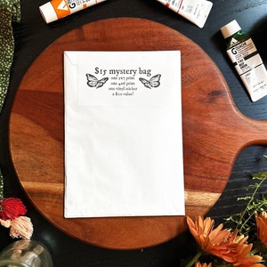 Bolsa misteriosa com impressão artística e adesivo de vinil, impressão 5x7, mini impressão artística 4x6 e sacola para presente com decalque