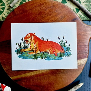 Summer Kitty Acryla Gouache Art Print, 5x7 Tiger Wall Art, Animal Lover Home Decor pour chambre d’enfant, chambre ou chambre d’adolescent