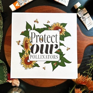 Protect Our Pollinators Bee & Sunflower Art Print, 8x8 Square Wall Art for Cottagecore, Goblincore, and Nature Lovers