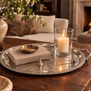 May include: A large, round, silver-toned metal serving tray with ornate handles and an embossed floral pattern. It holds a beige hardcover book, a small brass bowl with matches, a lit white pillar candle in a glass, and a silver candle snuffer.