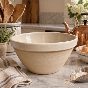 May include: A large, round, cream-colored ceramic mixing bowl with a smooth interior and a textured, matte exterior finish. The bowl features a wide, thick rim and a tapered base, designed for kitchen use in food preparation and mixing tasks.