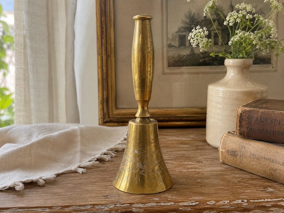 Vintage Engraved Brass Hand Bell, Rustic Farmhouse Cottage Decor