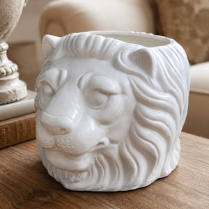 Vintage Joseph Magnin lejonplanter | Vit keramikkruka | Hollywood Regency MCM Decor