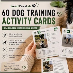 Puede incluir: Un conjunto de 60 tarjetas de actividades de adiestramiento canino tituladas SmartPawsLab. Las tarjetas incluyen texto instructivo, pasos numerados y fotografías que demuestran trucos como High-Five, Figure 8 y Stay. Tarjetas blancas con detalles verdes.
