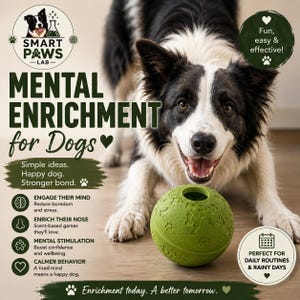 May include: A green spherical dog toy with a textured surface featuring paw prints and bone shapes, positioned in front of a black and white Border Collie. The image includes text: SMART PAWS LAB, MENTAL ENRICHMENT for Dogs, and related benefits.