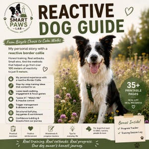 May include: A digital guide titled Reactive Dog Guide featuring a black and white border collie. The text includes My personal story with a reactive border collie, 35+ printable pages, and Bonus Inside with a progress tracker and training session log.