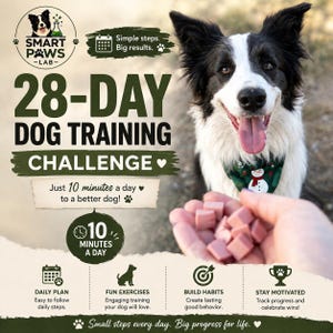May include: A black and white border collie wearing a snowman bandana looks at a hand holding pink square treats. Text reads: Smart Paws Lab 28-Day Dog Training Challenge, Simple steps. Big results. Just 10 minutes a day to a better dog! 10 minutes a day.