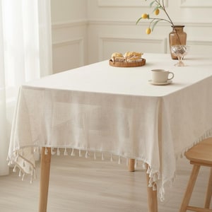 Linen-Look Tablecloth | Beige Rectangular Table Cover | Minimalist Japandi Retro Country Kitchen Decor