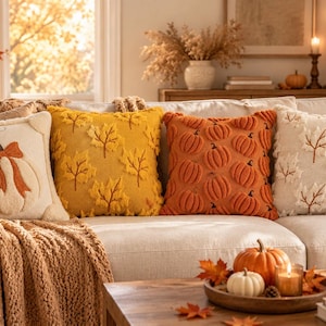 May include: Four square throw cushions arranged on a sofa. The first is cream with a central pumpkin and orange bow. The second is mustard yellow with a textured leaf pattern. The third is burnt orange with a repeating pumpkin design. The fourth is cream with a textured leaf pattern.