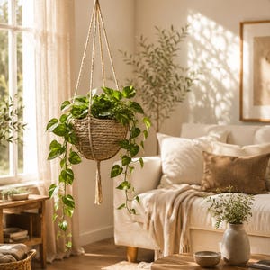 May include: A hanging plant holder made of woven natural fiber rope, featuring a rounded basket shape with a long tassel at the bottom. A lush green pothos plant with variegated heart-shaped leaves sits inside the basket, with vines trailing down.