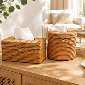 Può includere: Un copriscatola per fazzoletti rettangolare e uno cilindrico, entrambi realizzati in rattan intrecciato marrone chiaro. Ogni contenitore presenta un coperchio abbinato fissato con un piccolo bottone in legno e un cordino, con fazzoletti bianchi.