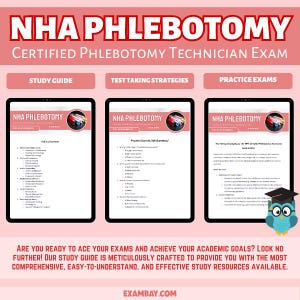 Puede incluir: Tres tabletas digitales que muestran materiales para el examen NHA Phlebotomy Certified Phlebotomy Technician, incluyendo una guía de estudio, estrategias de examen y exámenes de práctica. El texto incluye NHA Phlebotomy y preguntas.