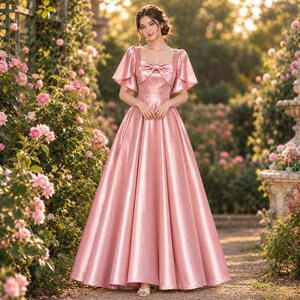 Ball Gown Flutter Sleeve Bust Bow Promenade Dress, Regency Square Neck Wedding Guest Gown, Coquette Prom Dress