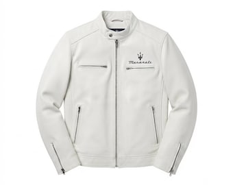 Handmade Maserati White Genuine Leather Café Racer Jacket for Men | Textured Motorsport Biker Motorcycle Streetwear Riding Jacket