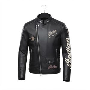 Handgjord Indian Motorcycle svart asymmetrisk racingjacka i äkta läder med broderade lappar och moto-stil
