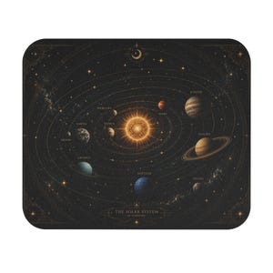 May include: A rectangular mouse pad featuring a dark, celestial-themed illustration of the solar system. The design displays the sun at the center, surrounded by labeled planets, orbits, and stars. The text reads THE SOLAR SYSTEM IN HARMONY.