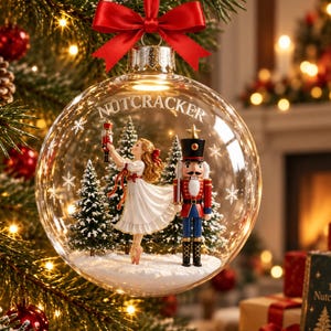May include: A clear glass spherical Christmas bauble topped with a red ribbon bow. Inside, a miniature scene features a dancer in a white dress and a nutcracker figure standing on snow among pine trees. The word NUTCRACKER is printed at the top.