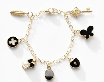 Gold Charm Bracelet, Customizable Enamel with Multiple Lengths and Styles