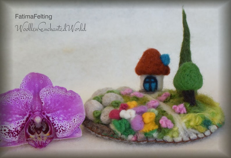 Cottage by the Enchanted Forest Dimensional Fiber Art Sculpture Mini Cottage.