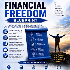 May include: A digital infographic titled Financial Freedom Blueprint featuring a blue scroll with five steps: clarity, plan, execute, grow, and freedom. It includes a list of five core principles and a silhouette of a person standing on a mountain peak.