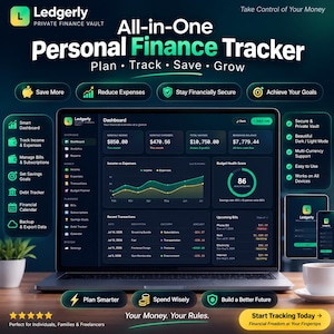 May include: A digital personal finance tracker software interface displayed on a laptop screen, tablet, and smartphone. The dark-themed dashboard features financial charts, income and expense summaries, a budget health score, and transaction lists.
