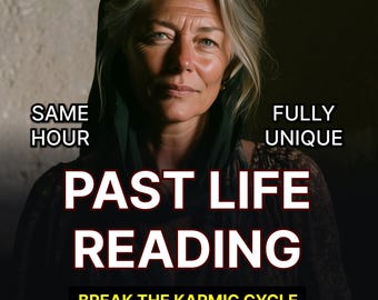 May include: A person with shoulder-length blonde hair wearing a dark head covering. Text reads: SAME HOUR, FULLY UNIQUE, PAST LIFE READING, BREAK THE KARMIC CYCLE. The lighting is dim, highlighting the facial features and the dark clothing worn.