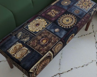 Navy Gold Patchwork Ottoman Bench, Burgundy Ornate Accent Bench, Boho Print Upholstered Seating, Bedroom Entryway Furniture Home Decor Piece