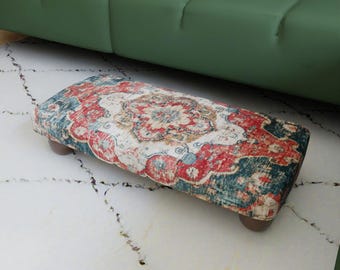 Ivory Red Distressed Medallion Rug Footstool, Printed Upholstered Ottoman, Low Step Stool, Boho Accent Seat, Bedroom Entryway Home Decor Art
