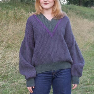 Vintage 80er Jahre Isländischer Pullover Reine Wolle Oversized Nordischer Pullover V-Ausschnitt Grobstrickpullover