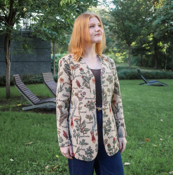 Vintage 90s Botanical Tapestry Blazer Herbarium Jacket Cottagecore Plant Print Statement Size S/M