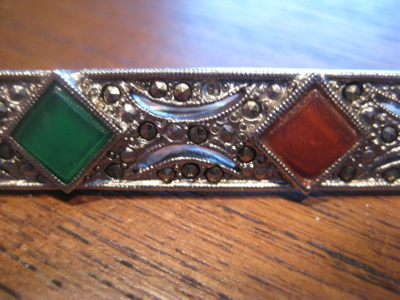 Art Deco Bar Brooch // Marcasite and Colored Ston… - image 3