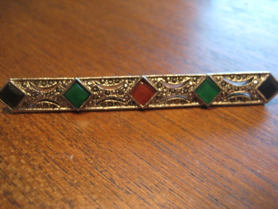 Art Deco Bar Brooch // Marcasite and Colored Ston… - image 2