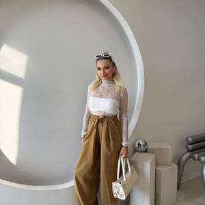 High Waisted Tencel Pants, Wide Leg Drawstring Trousers, Mustard Yellow Linen Style Pants, Pleated Loose Fit Summer Trousers, Modern Boho