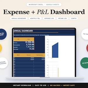 Bookkeeping Spreadsheet | Expense Tracker, Monthly P&L + Annual Dashboard | Excel + Google Sheets