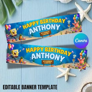 Può includere: Uno striscione di compleanno rettangolare con una scena sottomarina blu con SpongeBob, Patrick Stella e Squiddi Tentacolo. Il testo recita HAPPY BIRTHDAY ANTHONY e LET'S CELEBRATE AND HAVE FUN su un cartello di legno grafico.
