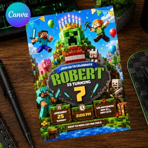 May include: A rectangular birthday invitation card featuring Minecraft characters including Steve, Alex, a Creeper, a pig, and a skeleton. The text reads: Join us to celebrate Robert is turning 7, January 25 Sunday, 2:00 PM, 123 Anywhere Any St., Any City, RSVP to Mom: 123 456 789 0.