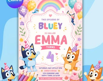 Modello di invito di compleanno per cucciolo blu / Invito di compleanno Bluey Rainbow / Festa a tema cane blu / Compleanno a tema cane / Modello Canva modificabile