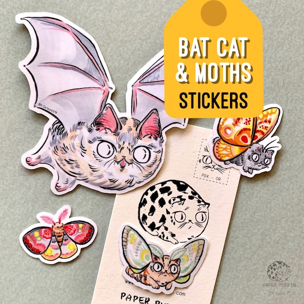 BAT Cat & Moth Stickers - Set of 4 - glossy vinyl stickers