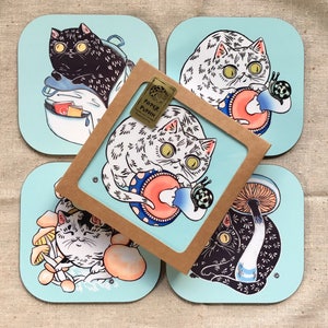 Coasters "Mushroom Forager Cats" Set of 4 Coasters by PaperPuffin