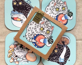 Coasters "Mushroom Forager Cats" Set of 4 Coasters by PaperPuffin