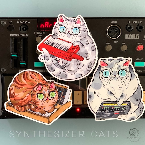 Synthesizer Cat Stickers- 3 stickers by PaperPuffin