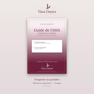 May include: A rectangular guide titled Guide de l'AMA S'organiser au quotidien with a burgundy to light pink gradient background. It features the Tissa Daytes logo, text about 7 practical chapters and a summary memo, and author Vanessa Daytes Saint-Louis.
