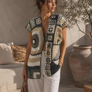 Handmade Crochet Long Vest, Granny Square Patchwork Sleeveless Cardigan, Boho Open Front Women’s Vest, Made to Order