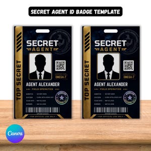 Peut inclure: Deux modèles de badge d'identification d'agent secret rectangulaires identiques avec un design noir et doré. Ils comportent le texte SECRET AGENT, TOP SECRET et AGENT ALEXANDER, un portrait en silhouette, un code QR et un code-barres.