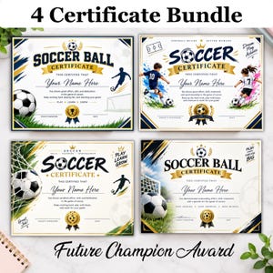 Puede incluir: Un paquete de cuatro plantillas de certificados de fútbol con detalles en dorado, azul y negro. Cada certificado incluye ilustraciones de balones, jugadores y redes, con texto como Soccer Ball Certificate, Your Name Here y Future Champion Award.