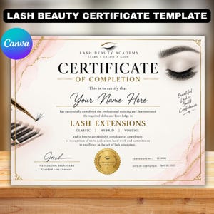 May include: A rectangular Lash Beauty Academy certificate of completion template featuring a white background with pink watercolour accents and gold borders. It includes text for a name, lash extensions, and a gold seal with an eye icon graphic.